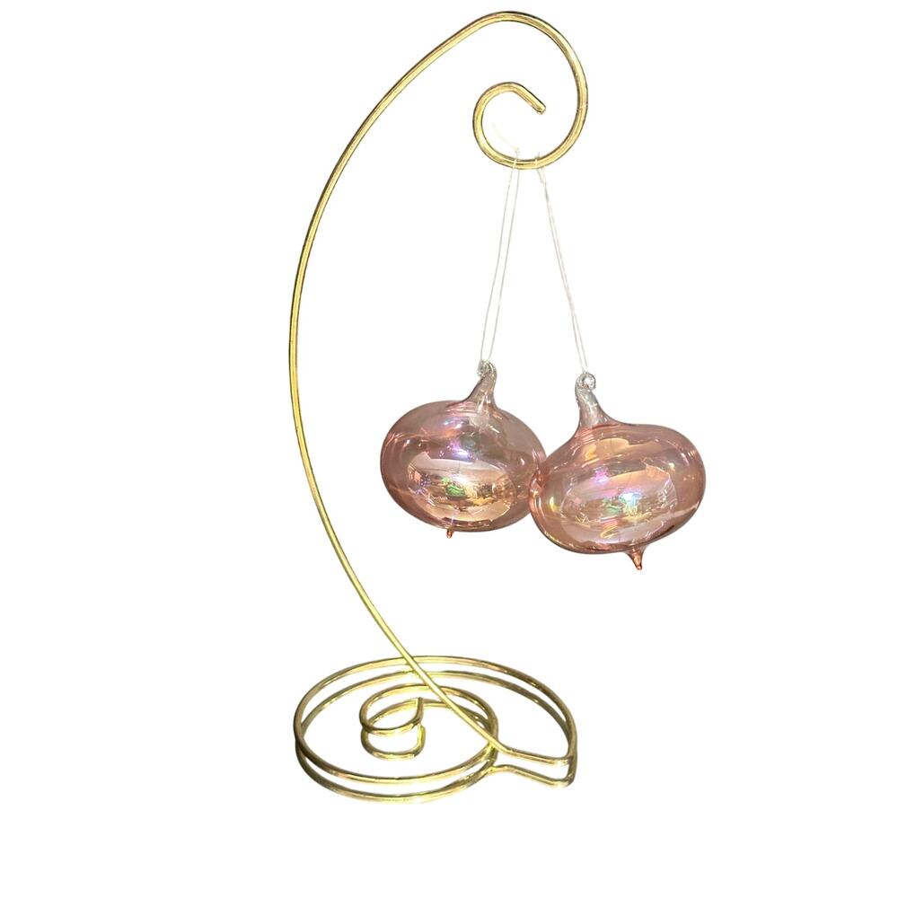 Hand Blown Iridescent‎ Art Glass Christmas Ornaments Pink Cranberry Pair